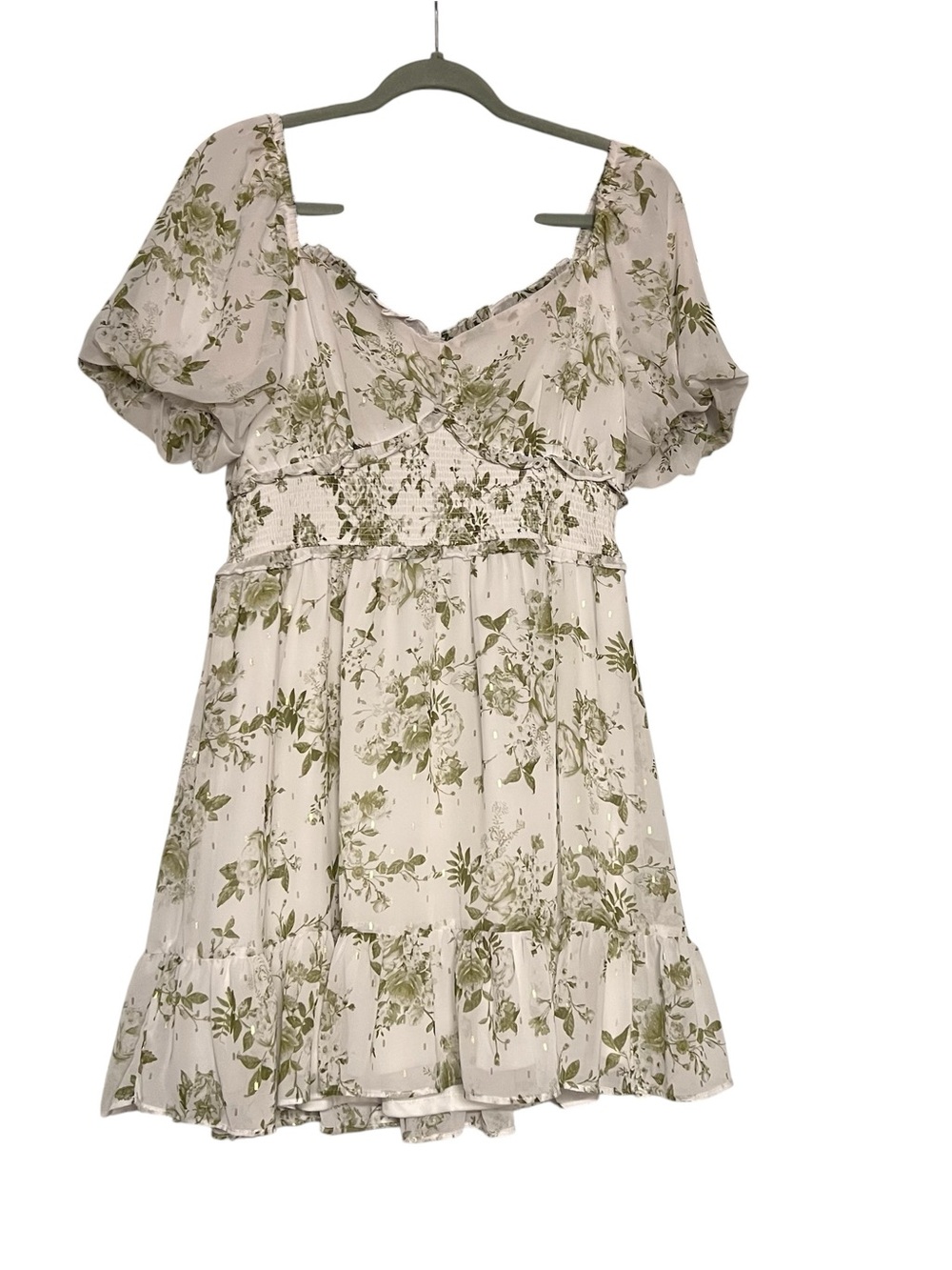 ✨ Altar’d State Sage Floral Mini Dress | Size Large | Gold Fleck Detail ✨ - Picture 2 of 9